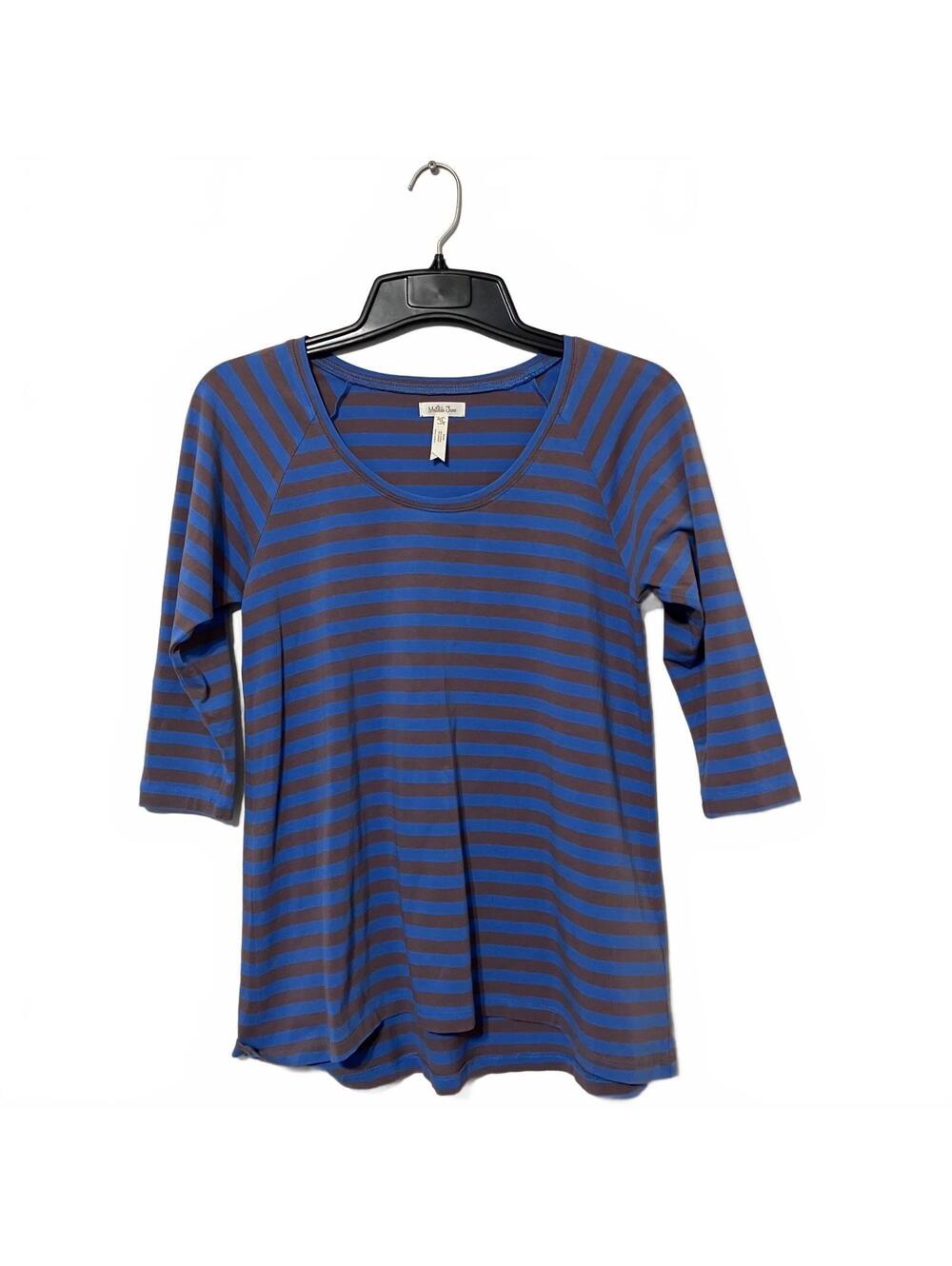 Matilda Jane Y2K Coastal Grandmother Blue Brown Striped 3/4 Sleeve Shirt Medium